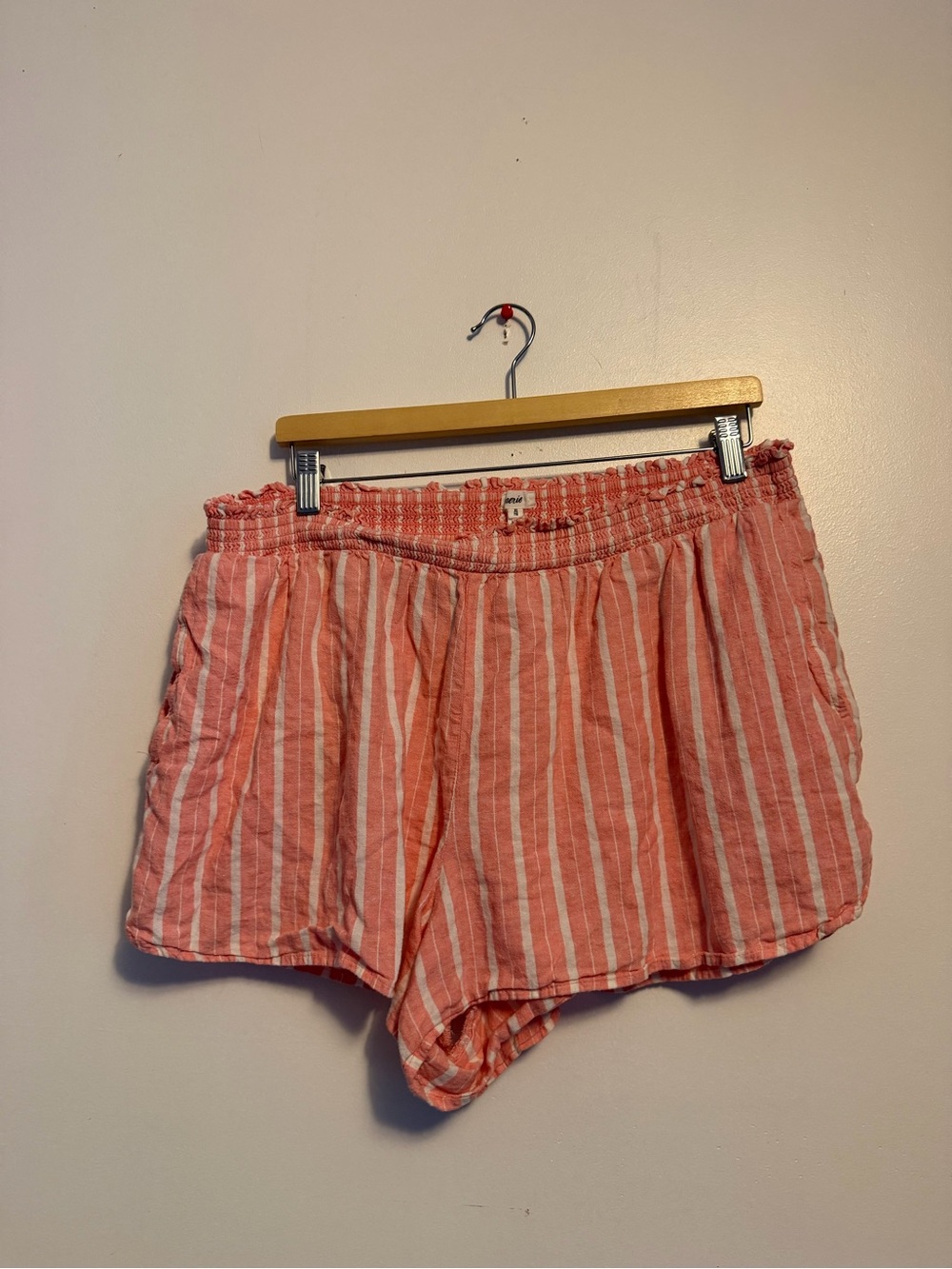 Aerie Pink White Striped Smocked Waist Lounge Shorts Pockets Women's XL
